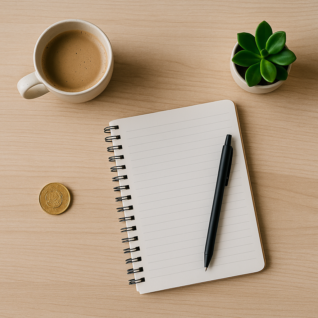 Notitieboek met pen, koffie en een klein plantje op een houten tafel, symbool voor bewuste keuzes rond geld in een rustige, minimalistische stijl.