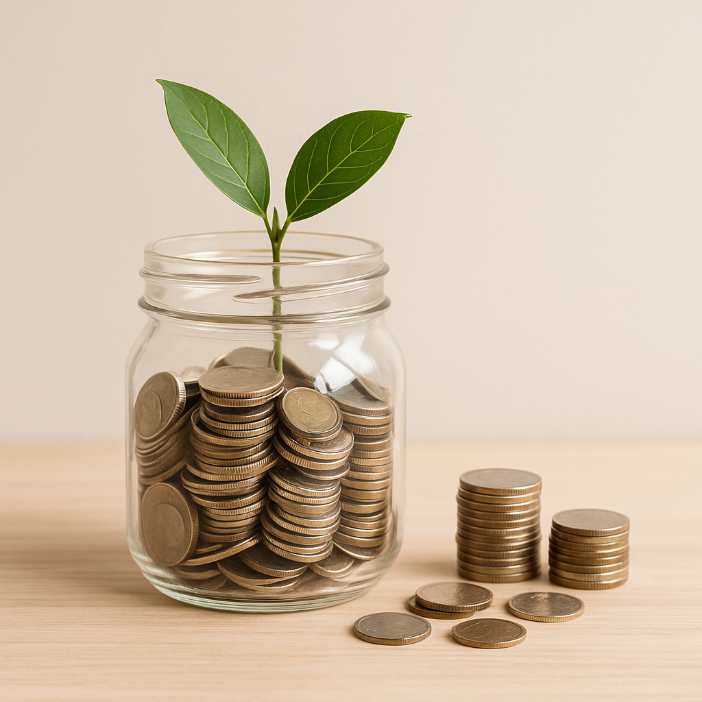 Glazen pot gevuld met stapels munten op een houten tafel, symbool voor geld besparen en financiële rust.