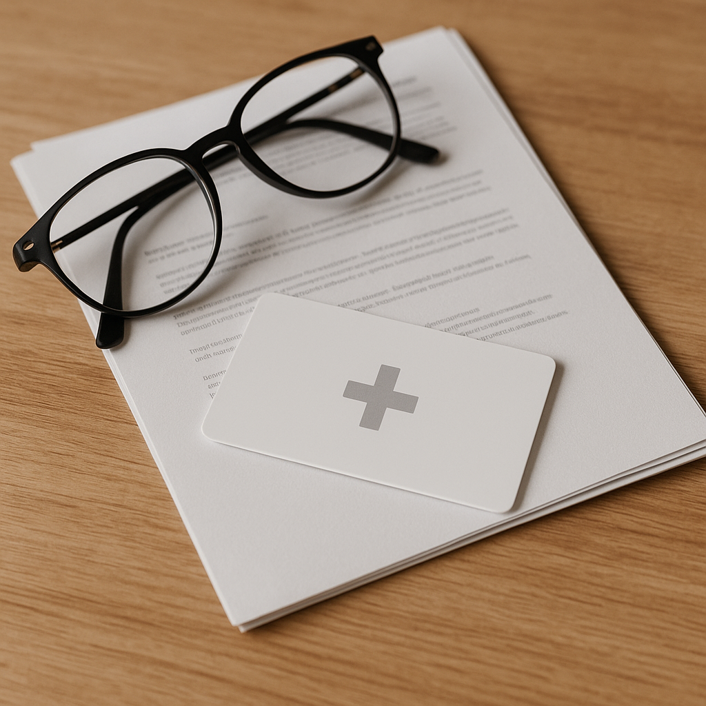 Bril, Nederlandse zorgpas en verzekeringspapieren op een houten tafel in een lichte, rustige stijl, symbool voor het vergelijken van zorgverzekeringen.