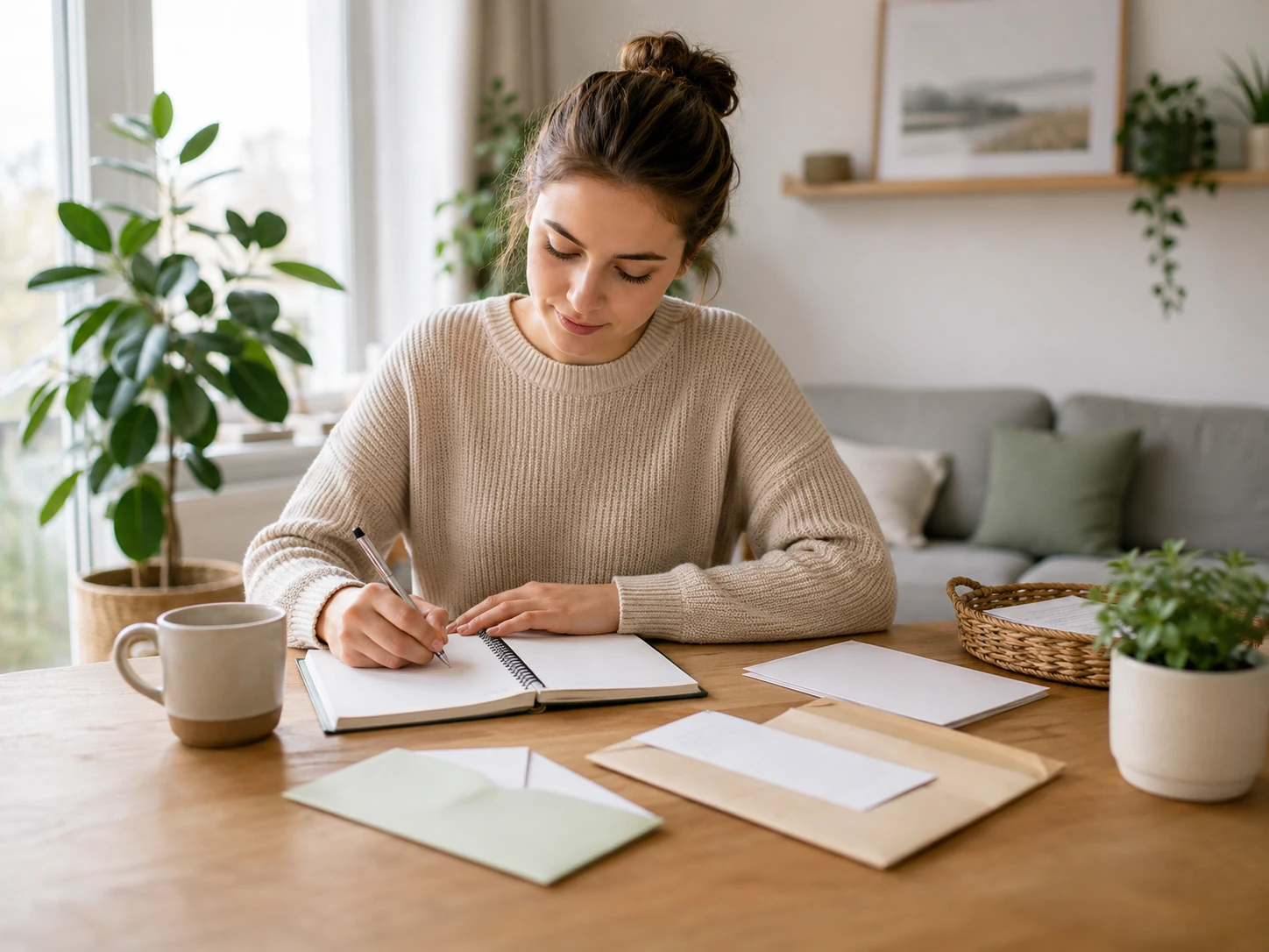 Persoon maakt een persoonlijk budget aan tafel voor meer overzicht in inkomsten en uitgaven