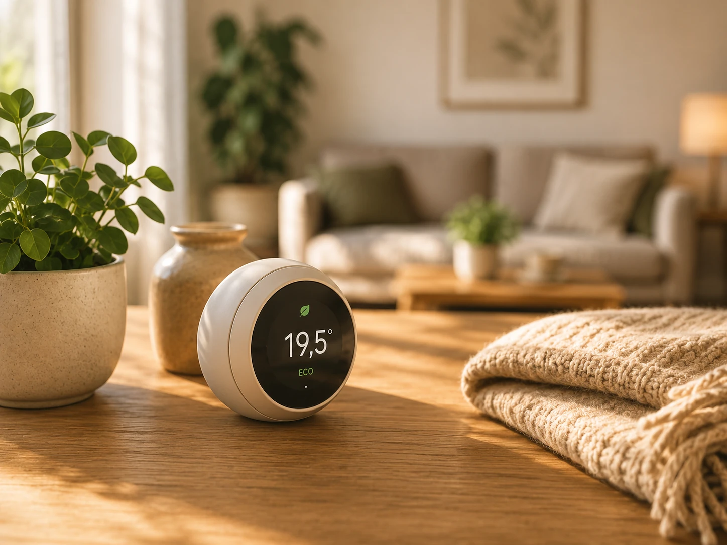 Digitale thermostaat en houten lamp op een lichte houten tafel, symbool voor energie besparen en een zuinig huishouden.