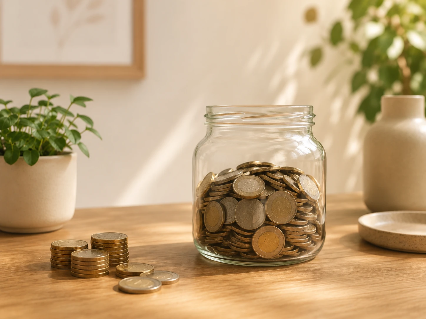 Glazen pot gevuld met stapels munten op een houten tafel, symbool voor geld besparen en financiële rust.