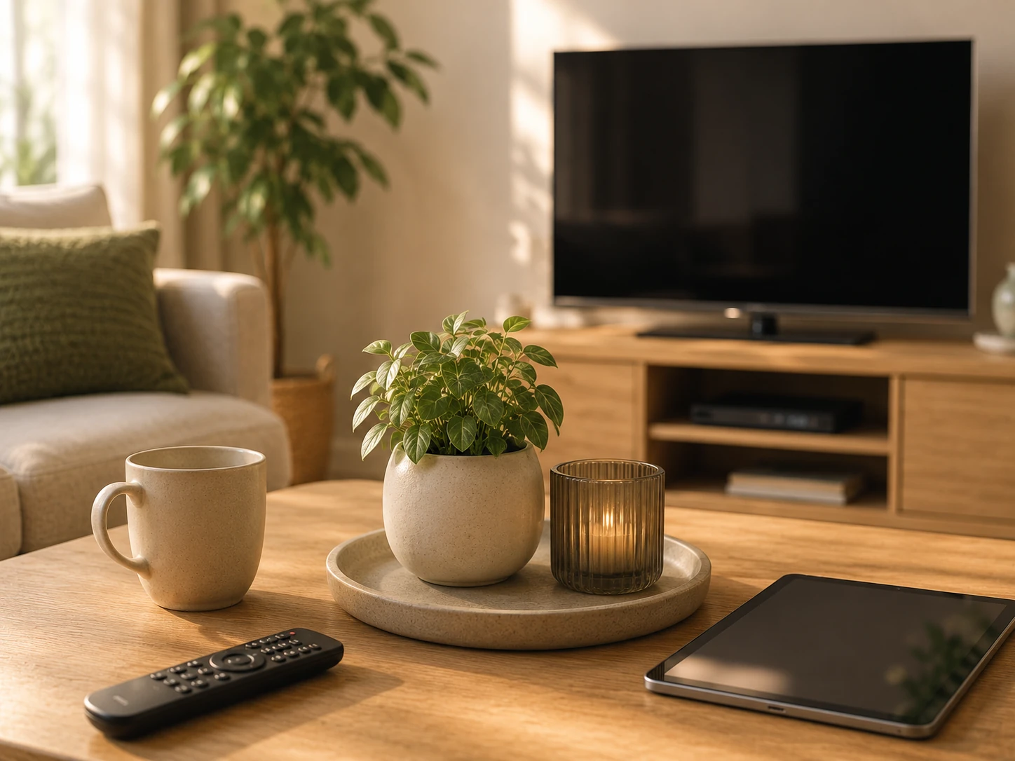 Wi-Fi router, afstandsbediening, laptop en televisie op een houten bureau in een rustige, minimalistische setting, symbool voor internet en tv.