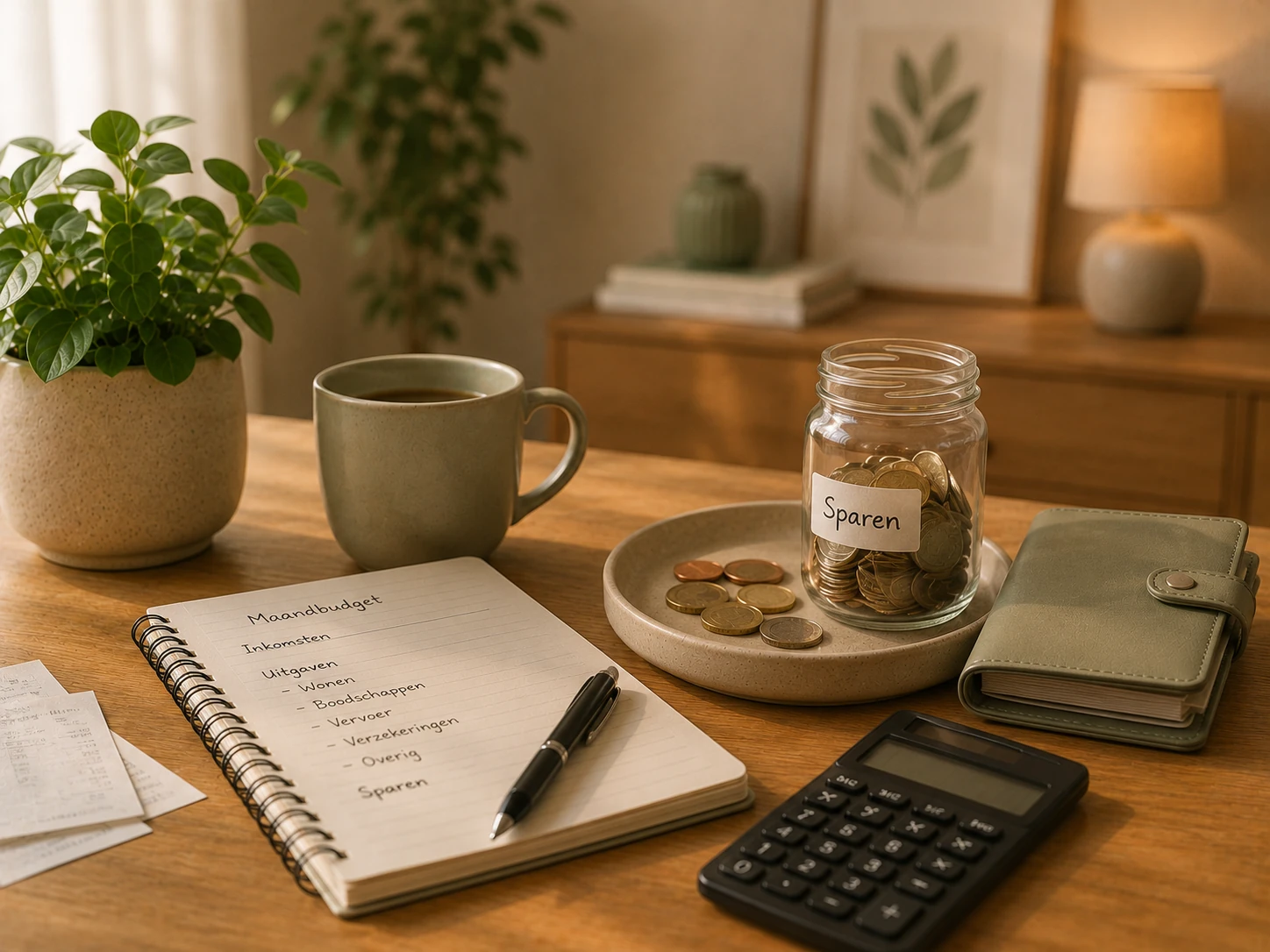 Notitieboek met pen, calculator, munten en een plantje op een houten tafel, symbool voor sparen en budgetteren in een rustige, minimalistische stijl.